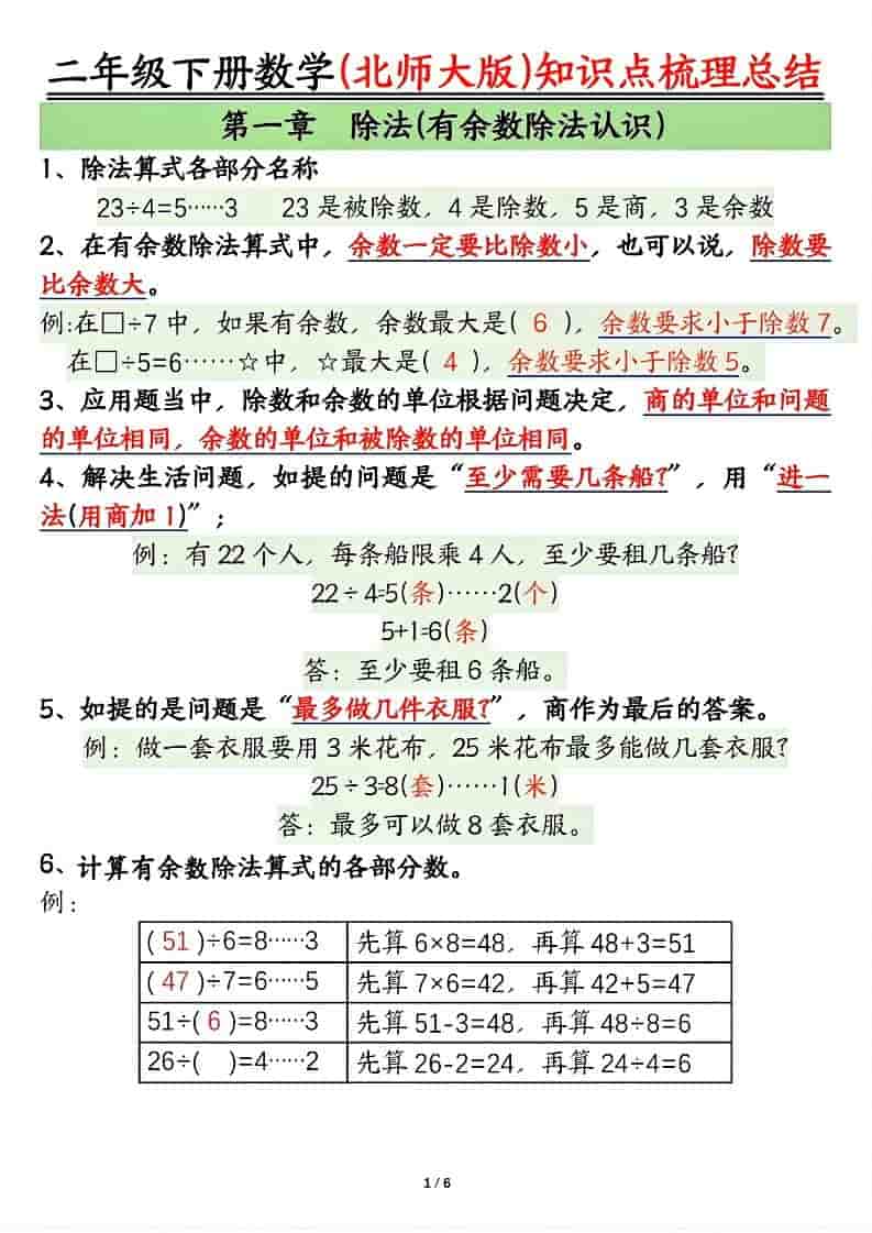 二年级下数学知识点梳理总结《北师版》-副业资源网