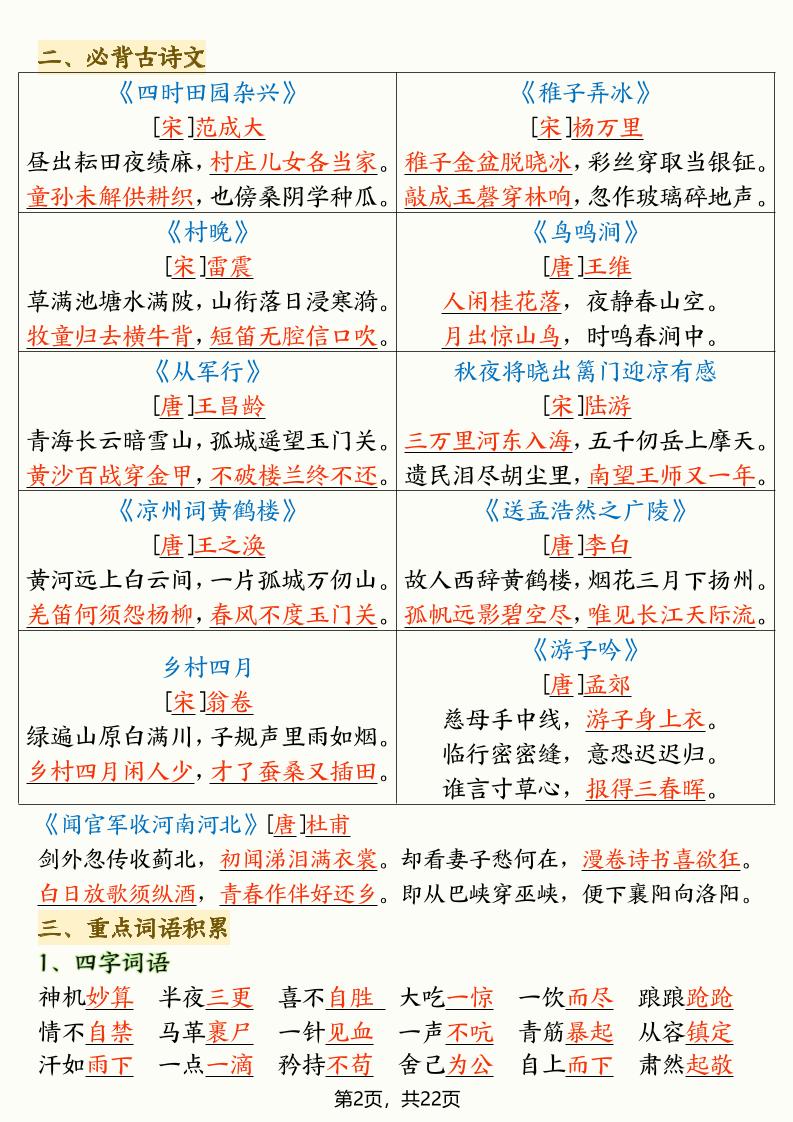 五年级下语文全册高频考点总结