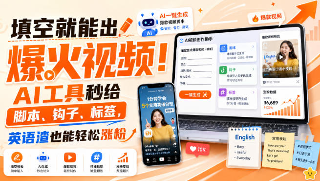 填空就能出爆火视频!AI工具秒给脚本、钩子、标签,英语渣也能轻松涨粉【原创双语字幕】-副业资源网
