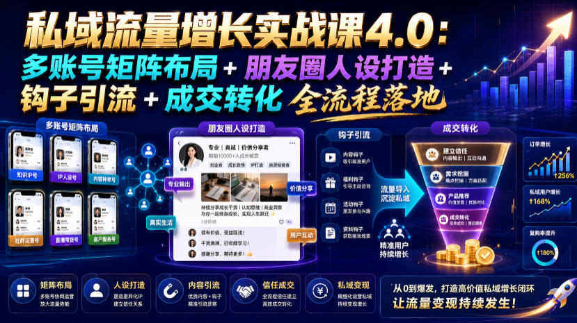 私域流量增长实战课4.0：多账号矩阵布局+朋友圈人设打造+钩子引流+成交转化全流程落地-副业资源网