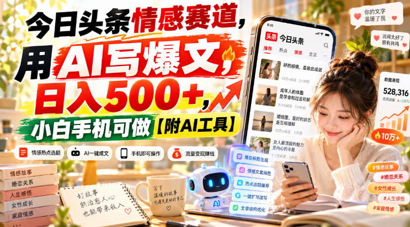 今日头条情感赛道,用AI写爆文,日入500+,小白手机可做【附AI工具】-副业资源网