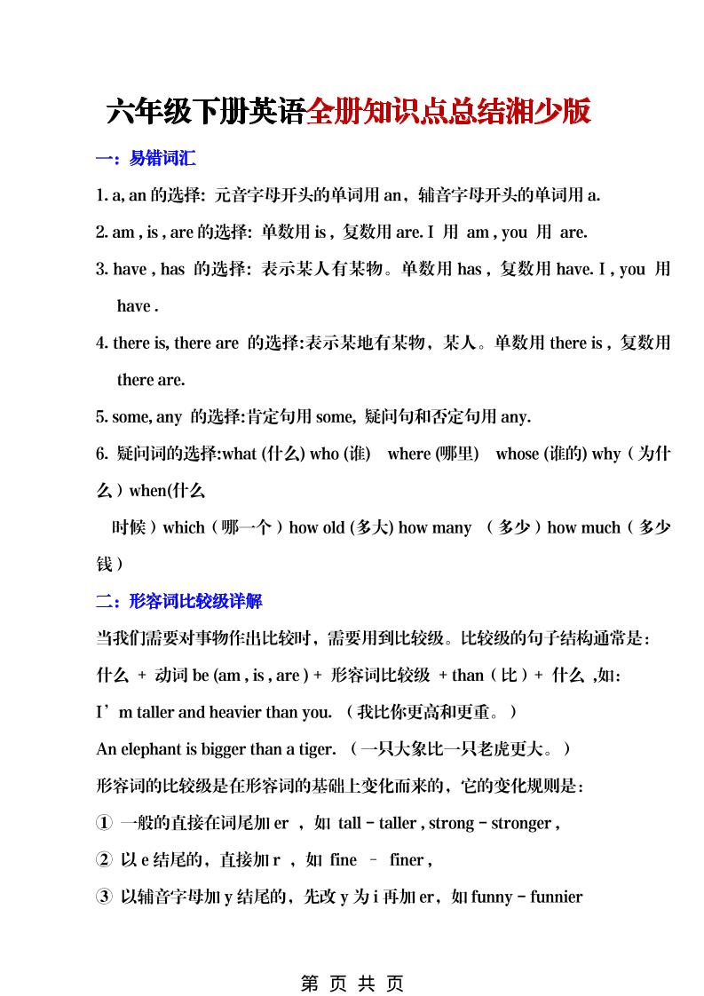 六年级下英语全册知识点总结《湘少版》-副业资源网