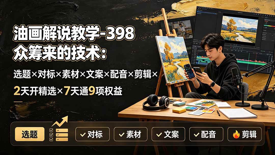 (19587期)油画解说教学-398众筹来的技术-刯新:选题×对标×素材×文案×配音×剪辑×2天开精选×7天通9项权益-副业资源网