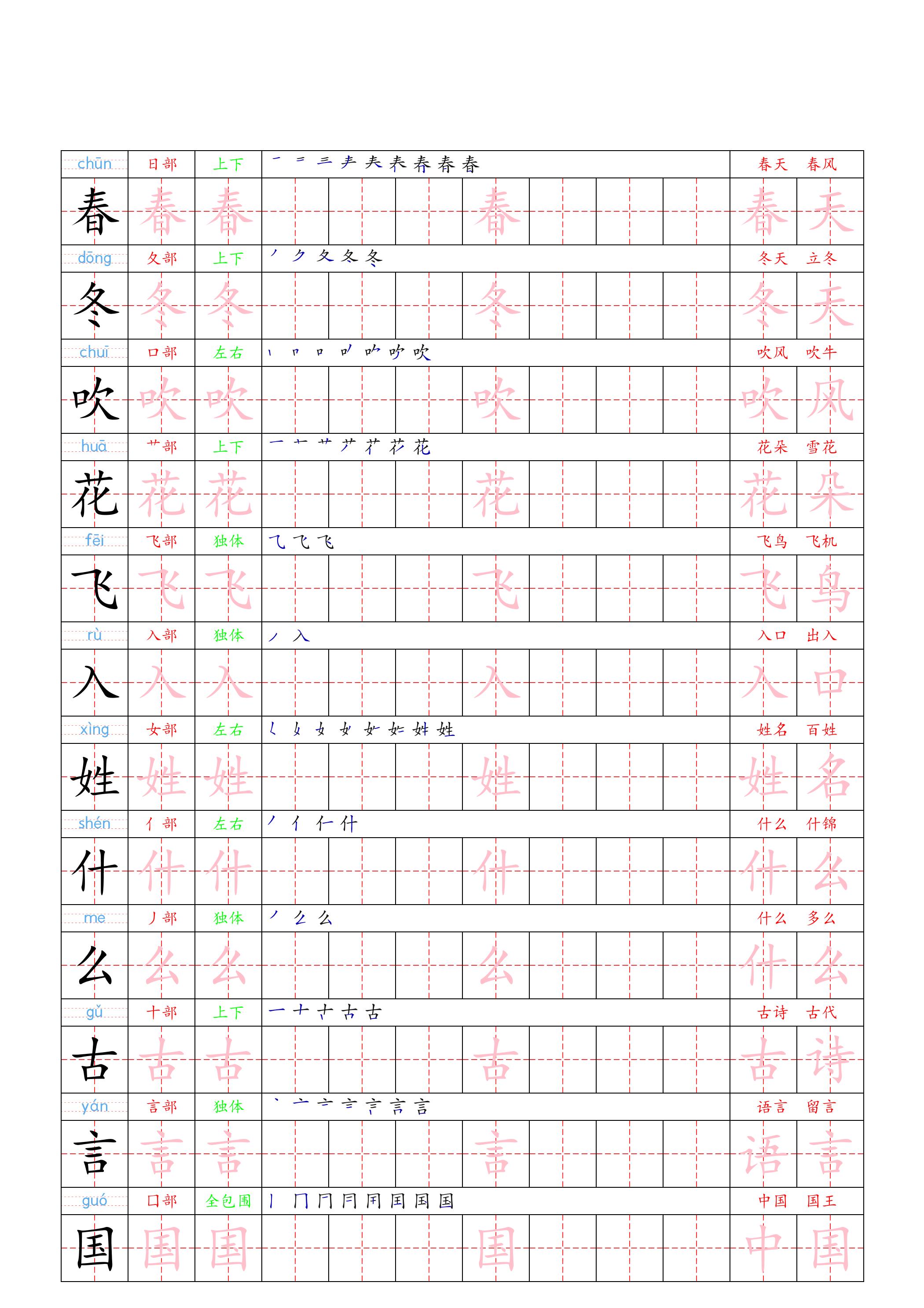 （新版）一下语文写字表一类字贴-副业资源网