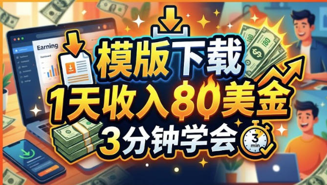 模版下载，1天收入80美刀，0门槛，3分钟学会-副业资源网