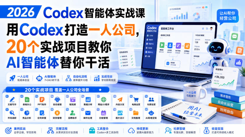 2026 Codex智能体实战课,用Codex打造一人公司,20个实战项目教你AI智能体替你干活-副业资源网