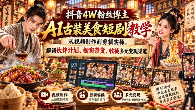 抖音4W粉丝博主AI古装美食短剧教学，从视频制作到剪辑实操，解锁伙伴计划、橱窗带货、收徒多元变现渠道-副业资源网