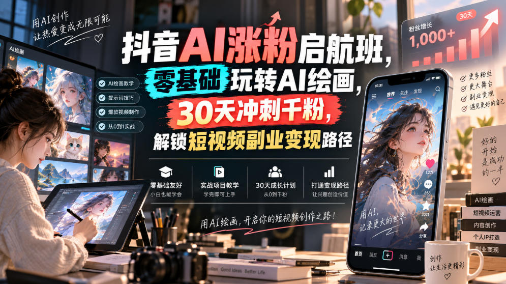 抖音AI涨粉启航班，零基础玩转AI绘画，30天冲刺千粉，解锁短视频副业变现路径-副业资源网