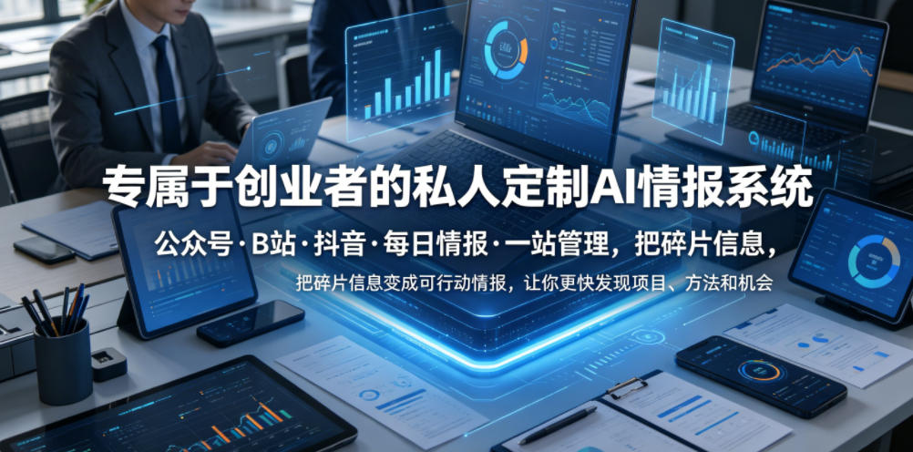 专属于创业者的私人定制AI情报系统,公众号·B站·抖音·每日情报·一站管理,把碎片信息变成可行动情报,让你更快发现项目、方法和机会-副业资源网