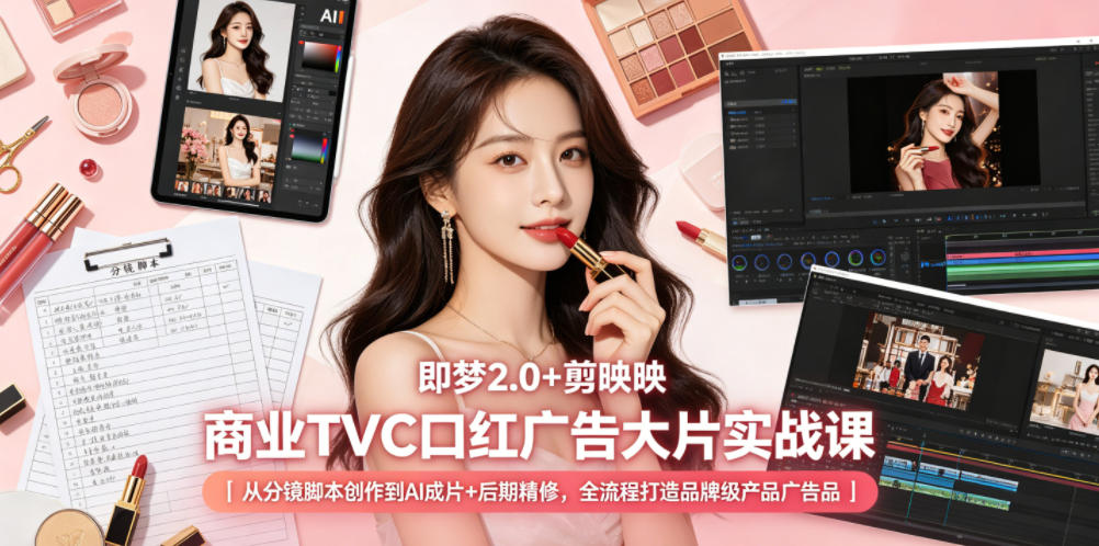 即梦2.0+剪映商业TVC口红广告大片实战课｜从分镜脚本创作到AI成片+后期精修，全流程打造品牌级产品广告-副业资源网