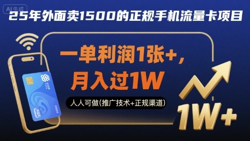 25年外面卖1500的正规手机流量卡项目，一单利润1张+，月入过1W，人人可做(推广技术+正规渠道)【揭秘】-副业资源网