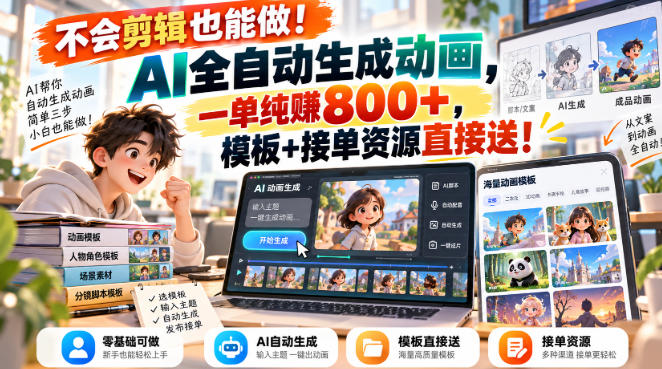 不会剪辑也能做！AI全自动生成动画，一单纯賺800+，模板+接单资源直接送！【揭秘】-副业资源网