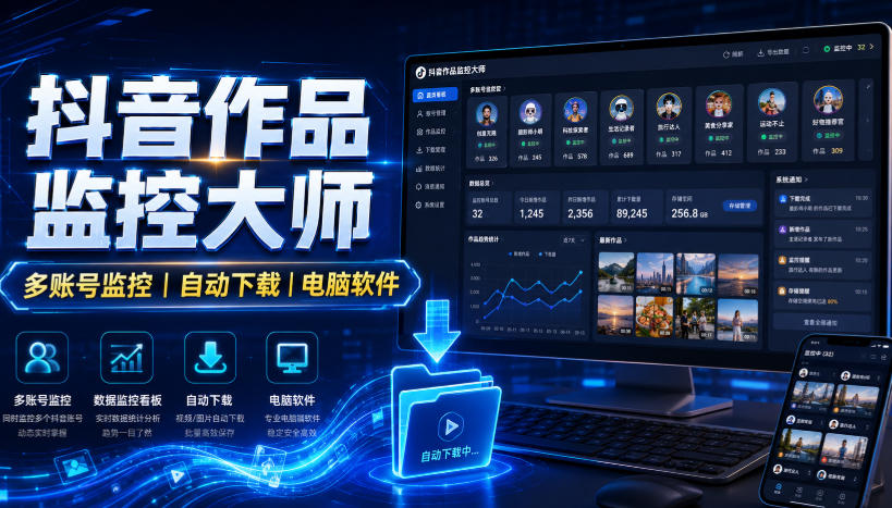 抖音作品监控大师,多账号监控丨自动下载丨电脑软件-副业资源网