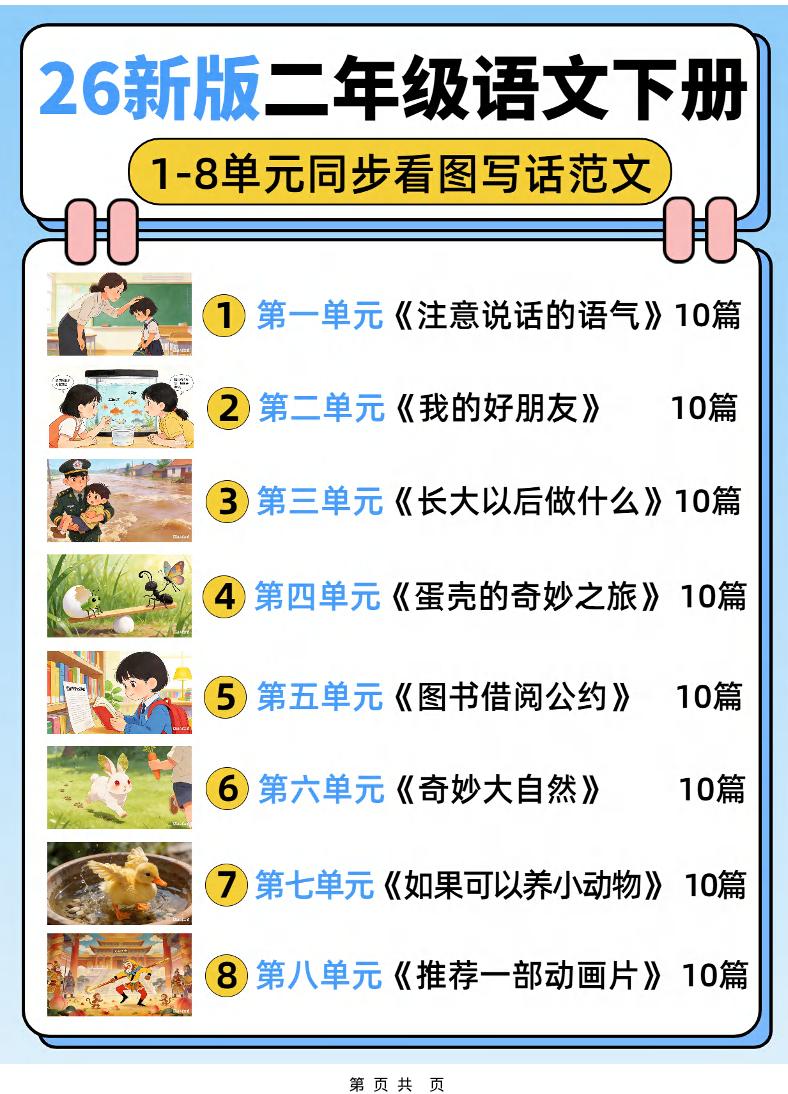 26新二下语文1-8单元同步看图写话范文80篇(80页)-副业资源网