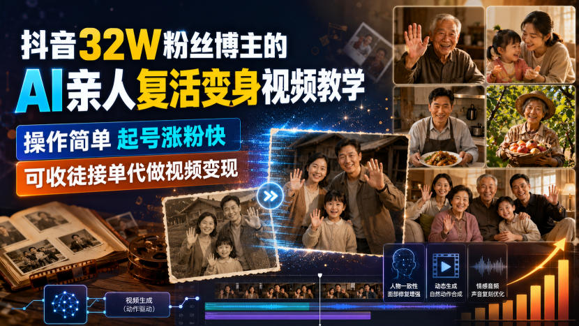 抖音32W粉丝博主的AI亲人复活变身视频教学,操作简单,起号涨粉快,可收徒接单代做视频变现-副业资源网