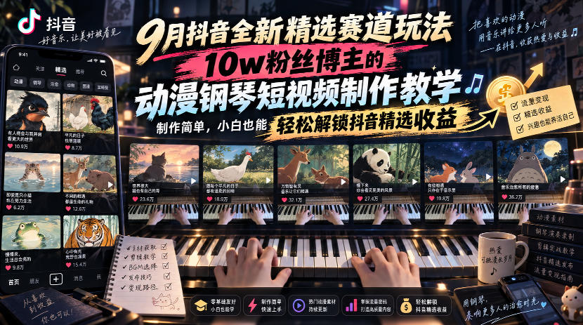9月抖音全新精选赛道玩法，10w粉丝博主的动漫钢琴短视频制作教学，制作简单，小白也能轻松解锁抖音精选收益-副业资源网