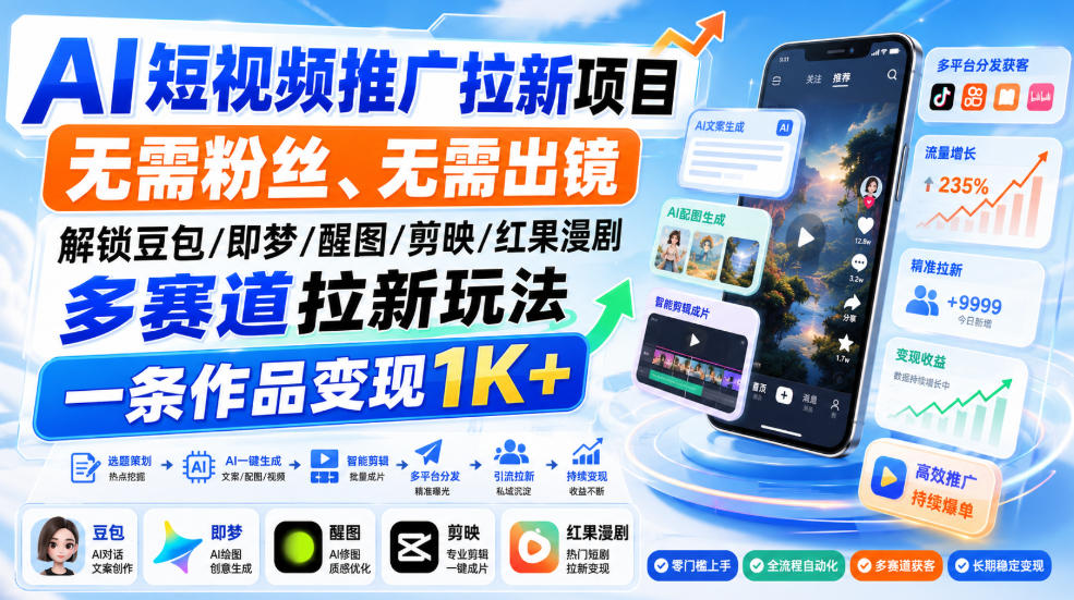 AI短视频推广拉新项目,无需粉丝、无需出镜,解锁豆包/即梦/醒图/剪映/红果漫剧多赛道拉新玩法,一条作品变现1K+(更新0918)-副业资源网