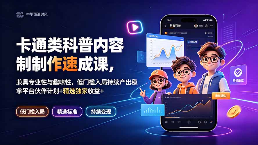 卡通类科普内容制作速成课，兼具专业性与趣味性，低门槛入局持续产出稳拿平台伙伴计划+精选独家收益-副业资源网