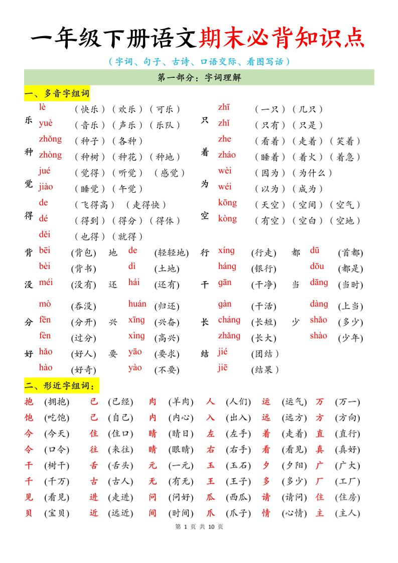 一年级下册语文期末必背知识点-副业资源网