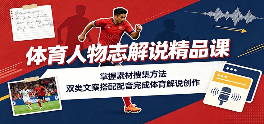 体育人物志解说精品课：掌握素材搜集方法，双类文案搭配配音完成体育解说创作-副业资源网