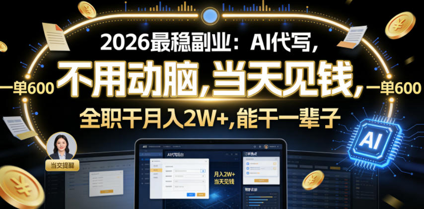 2026最稳副业：AI代写，不用动脑，当天见钱，一单600，全职干月入2W+，能干一辈子【揭秘】-副业资源网
