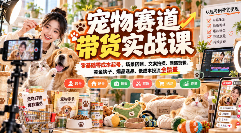 宠物赛道带货实战课，零基础零成本起号，场景搭建、文案拍摄、网感剪辑、黄金钩子、爆品选品、低成本投流全覆盖-副业资源网