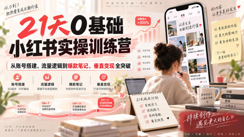 21天0基础小红书实操训练营|从账号搭建、流量逻辑到爆款笔记、垂直变现全突破-副业资源网