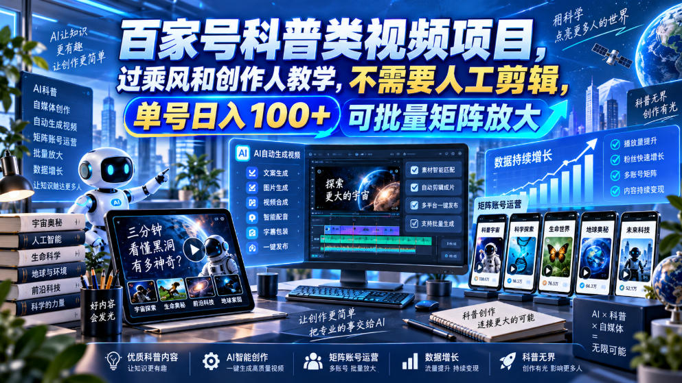 百家号科普类视频项目,过乘风和创作人教学,不需要人工剪辑,单号日入100+可批量矩阵放大-副业资源网
