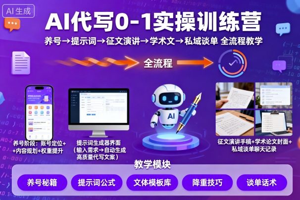 AI代写0-1实操训练营，从养号、提示词、征文演讲、学术文，到私域谈单的全流程教学-副业资源网