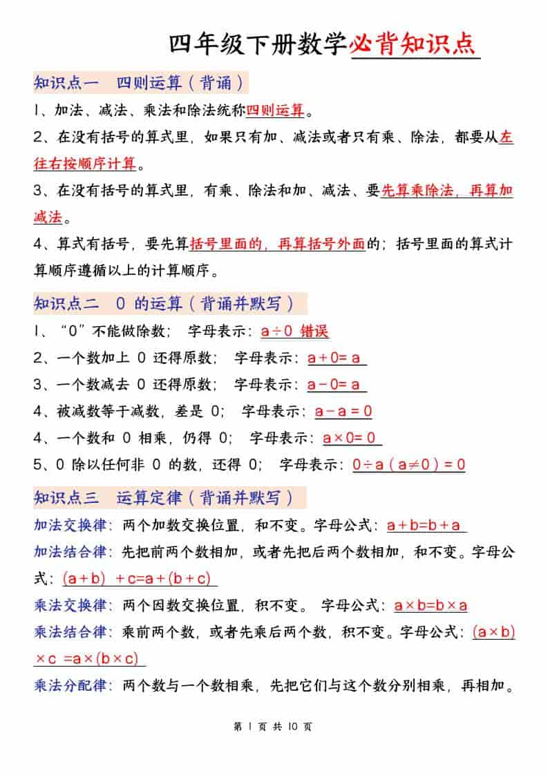 四年级下数学必背知识点,《人教版》-副业资源网