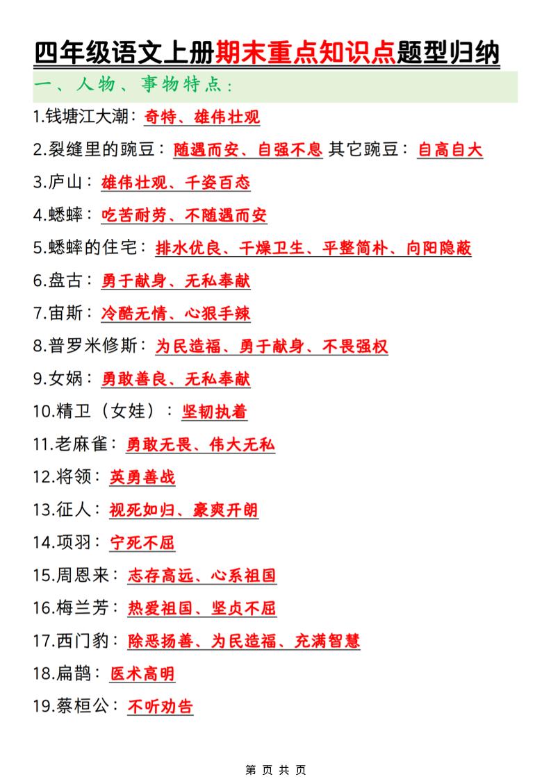 四年级上语文期末重点知识点题型归纳-副业资源网