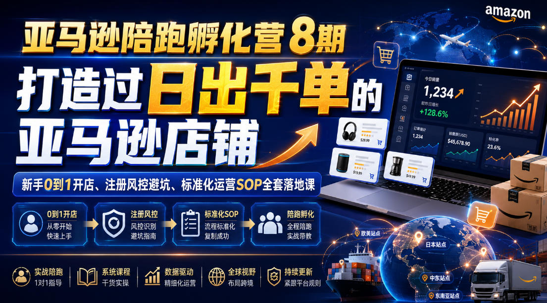 亚马逊陪跑孵化营8期，打造过日出千单的亚马逊店铺，新手0到1开店、注册风控避坑、标准化运营SOP全套落地课-副业资源网