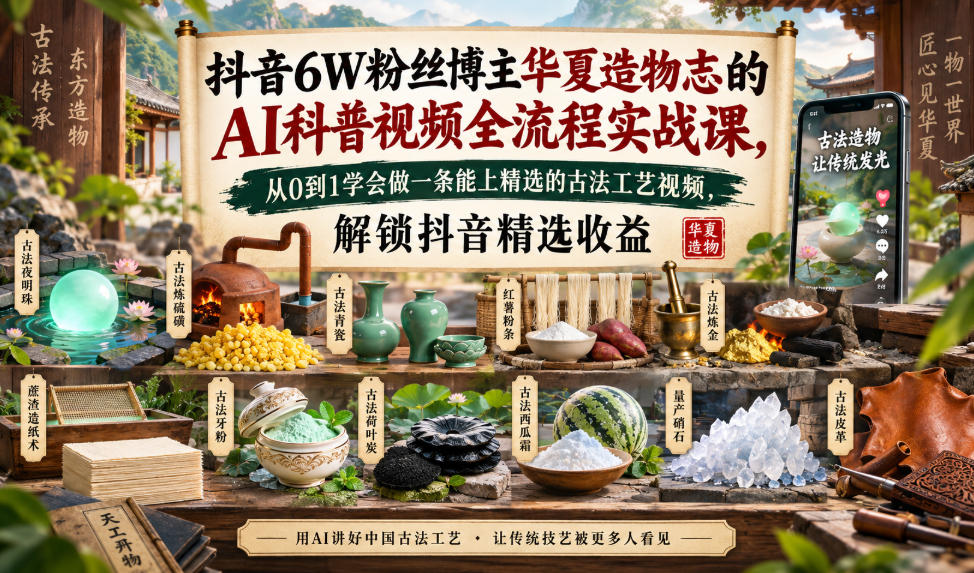 抖音6W粉丝博主华夏造物志的AI科普视频全流程实战课,从0到1学会做一条能上精选的古法工艺视频,解锁抖音精选收益-副业资源网