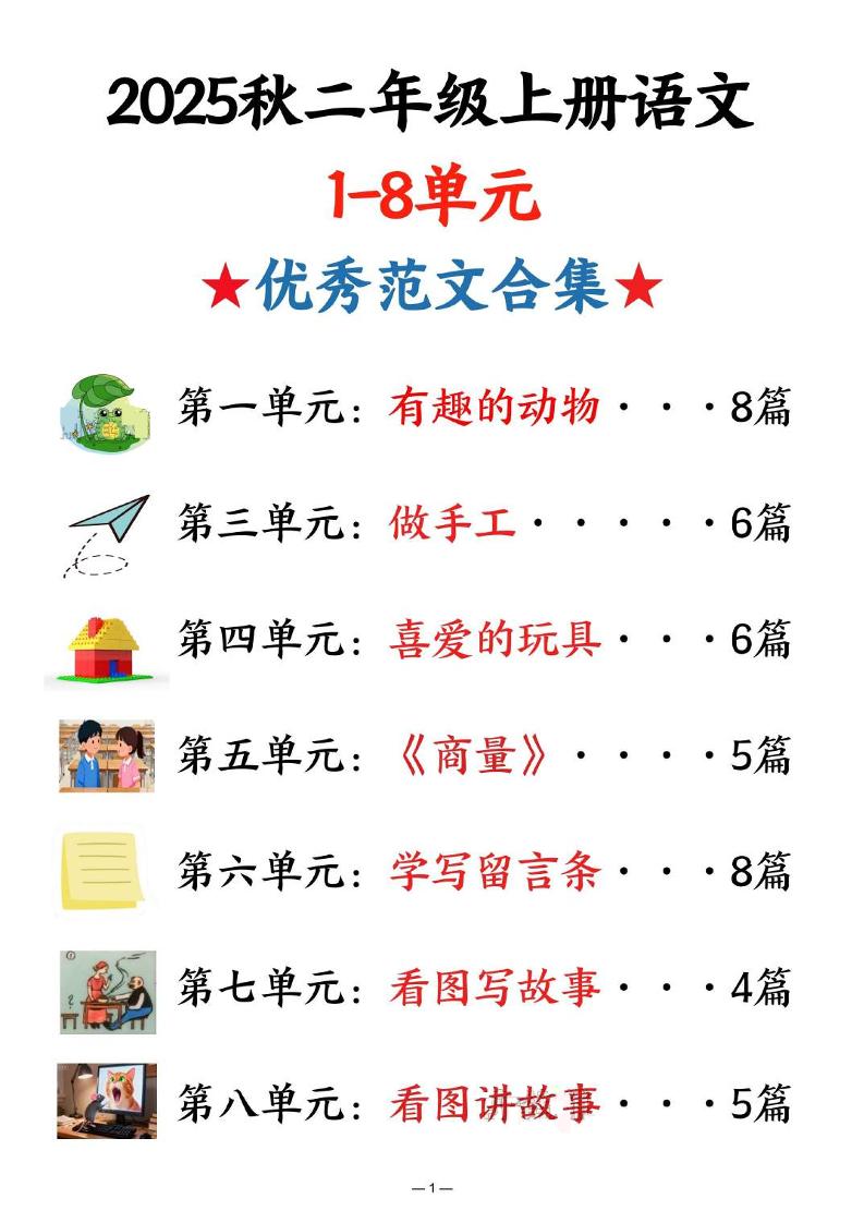 25秋二上语文1-8单元优秀范文合集（22页）-副业资源网