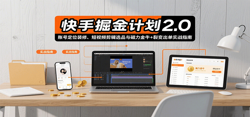快手掘金计划2.0，账号定位装修、短视频剪辑选品与磁力金牛+裂变出单实战指南-副业资源网