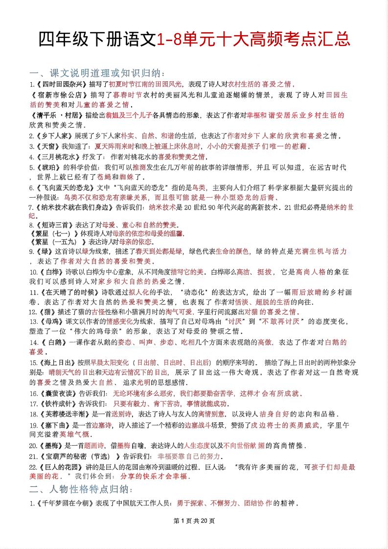 四年级下语文1-8单元十大高频考点汇总-副业资源网