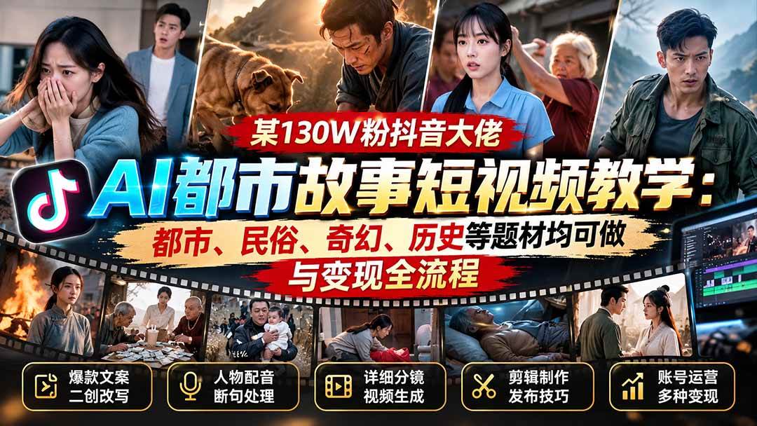 （20692期）某130W粉抖音大佬AI都市故事短视频教学：都市、民俗、奇幻、历史等题材均可做与变现全流程-副业资源网