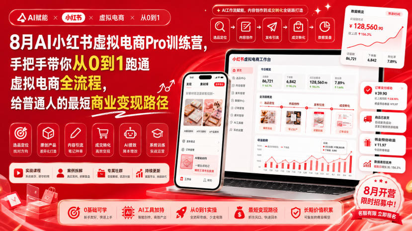 8月AI小红书虚拟电商Pro训练营，手把手带你从0到1跑通虚拟电商全流程，给普通人的最短商业变现路径-副业资源网