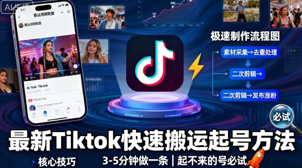 最新Tiktok快速搬运快速起号方法，3-5分钟做一条，起不来的号可以试试-副业资源网