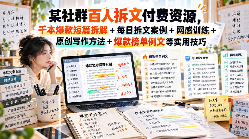 某社群百人拆文付费资源，千本爆款短篇拆解+每日拆文案例+网感训练+原创写作方法+爆款榜单例文等实用技巧(持续更新)-副业资源网