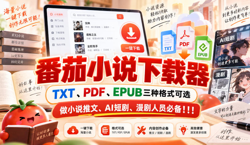 番茄小说下载器，TXT、PDF、EPUB三种格式可选，做小说推文、AI短剧、漫剧人员必备！！！-副业资源网