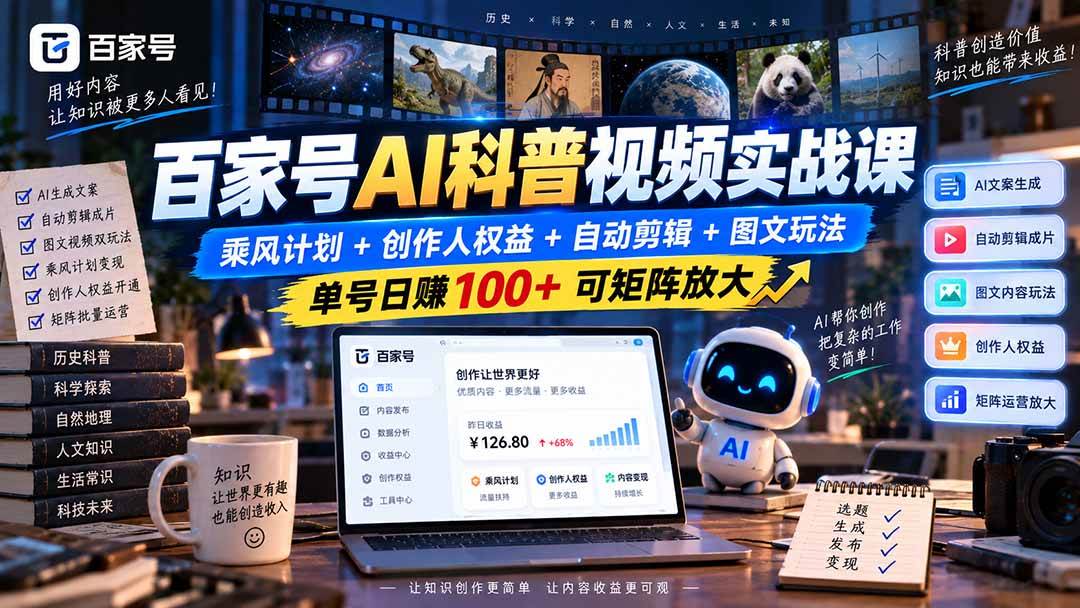 (20579期)百家号AI科普视频实战课:乘风计划+创作人权益+自动剪辑+图文玩法,单号日赚100+可矩阵放大 (20579期)百家号AI科普视频实战课:乘风计划+创作人权益+自动剪辑+图文玩法,单号日赚100+可矩阵放大