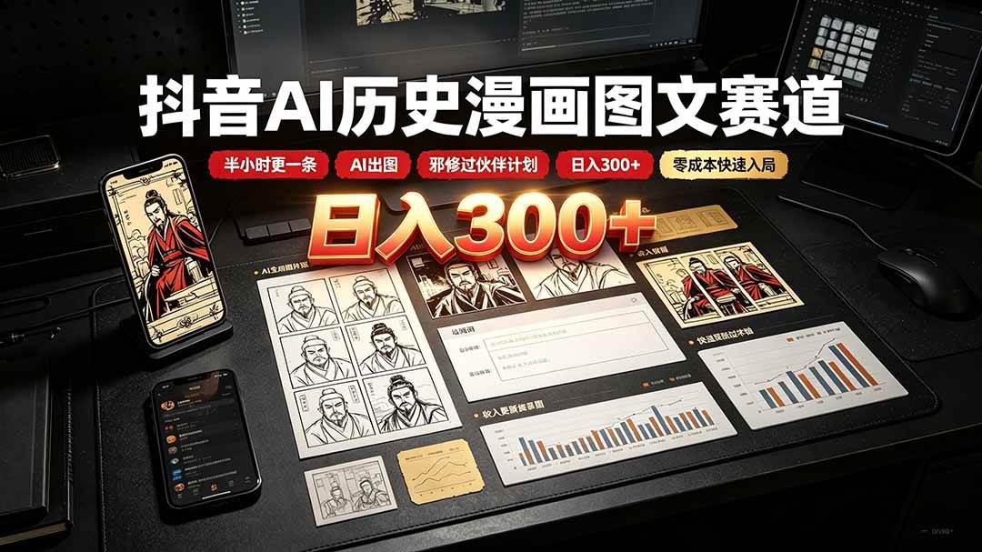 （19498期）抖音AI历史漫画图文赛道：半小时更一条×AI出图×邪修过伙伴计划×日入300+，零成本快速入局-副业资源网