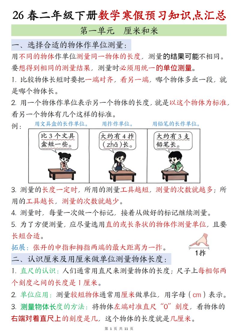 二年级下数学寒假预习知识点清单《苏教版》-副业资源网