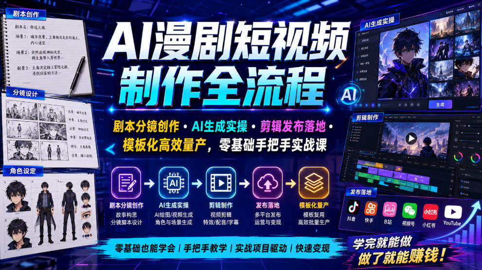 AI漫剧短视频制作全流程|剧本分镜创作・AI生成实操・剪辑发布落地・模板化高效量产,零基础手把手实战课-副业资源网