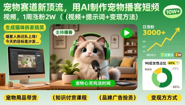 宠物赛道新顶流，用AI制作宠物播客短视频，1周涨粉2W（视频+提示词+变现方法）-副业资源网