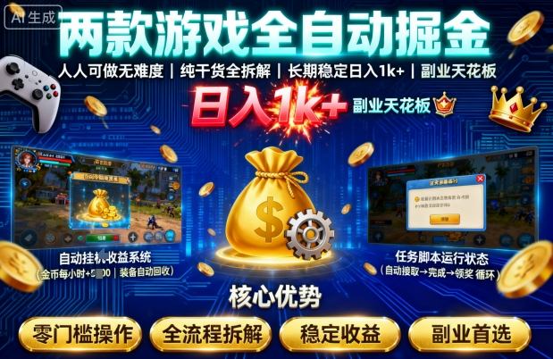 两款游戏全自动掘金，人人可做无难度，纯干货全拆解，长期稳定，日入1k+，副业天花板【揭秘】-副业资源网