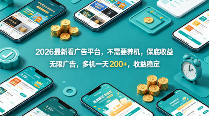 2026最新看广告平台，不需要养机，保底收益，无限广告，多机一天200+，收益稳定【揭秘】-副业资源网