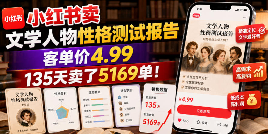 小红书卖文学人物性格测试报告，客单价4.99，135天卖了5169单！-副业资源网