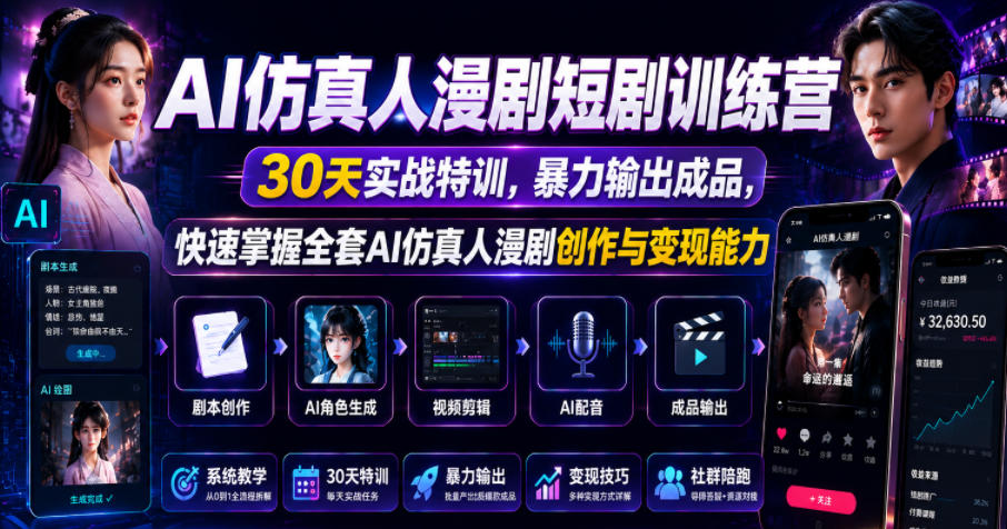 AI仿真人漫剧短剧训练营，30天实战特训，暴力输出成品，快速掌握全套AI仿真人漫剧创作与变现能力-副业资源网